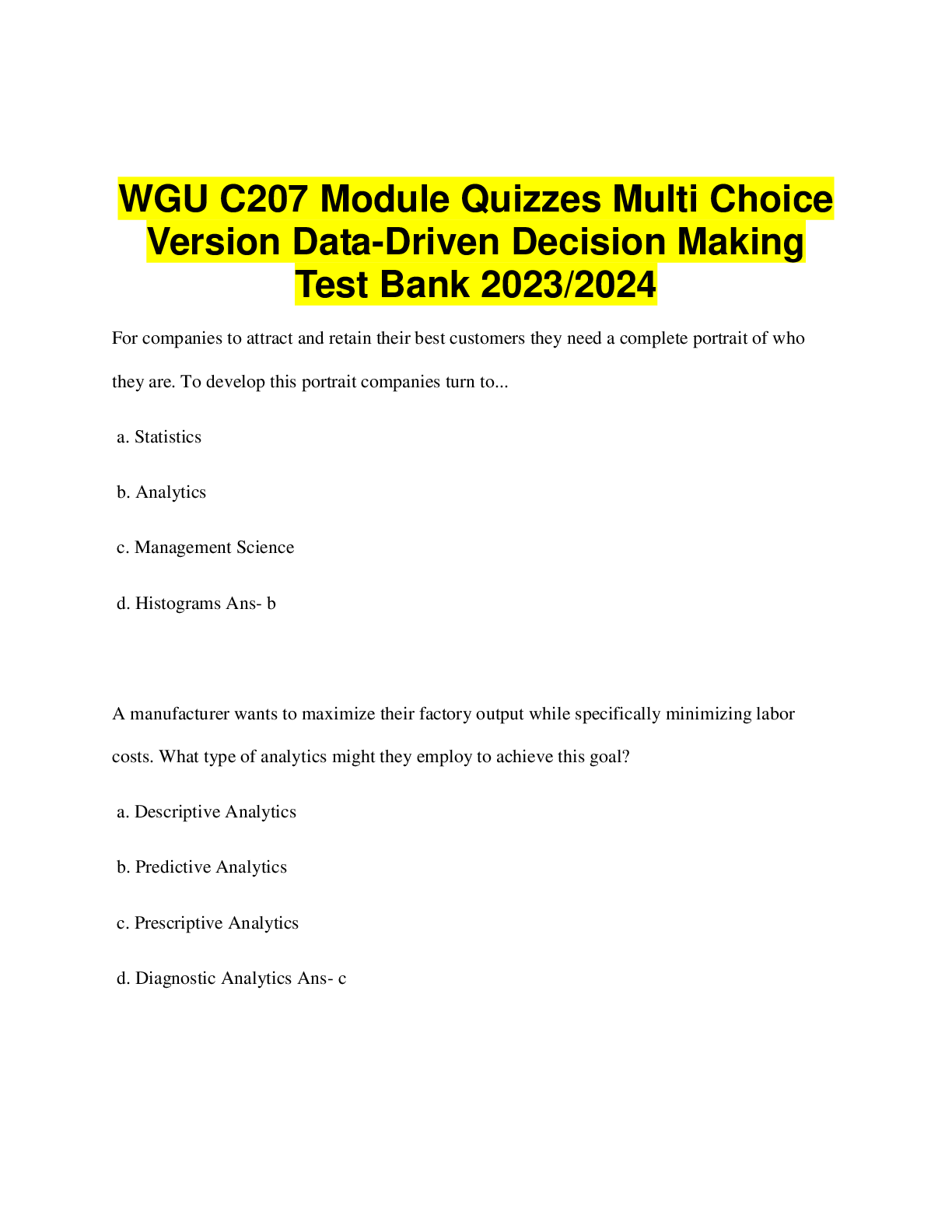 Preview image for WGU C207 Module Quizzes Multi Choice  Version Data-Driven Decision Making Test Bank 2023/2024